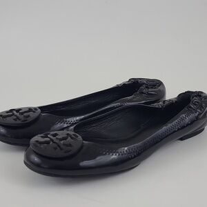 Tory Burch Reva Black Patent Leather w/ Logo Ballet Flats Shoes Size 7 M